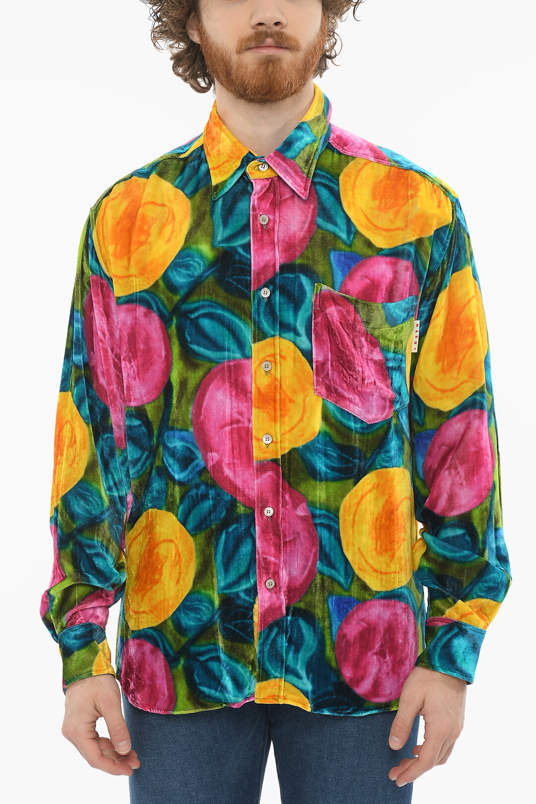 Velvet Multicolor Shirt with Chest Pocket and Pointed Collar