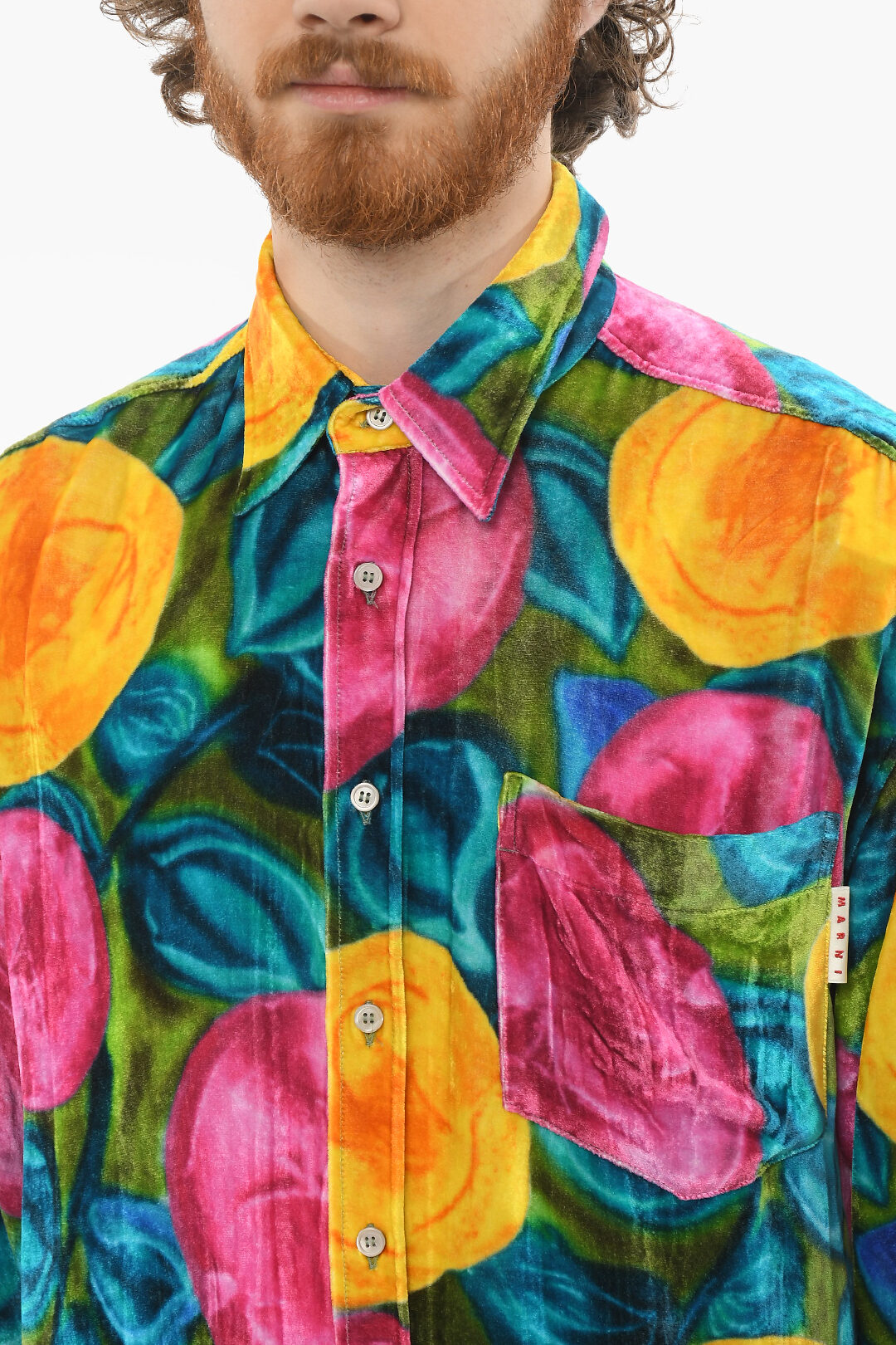 Velvet Multicolor Shirt with Chest Pocket and Pointed Collar