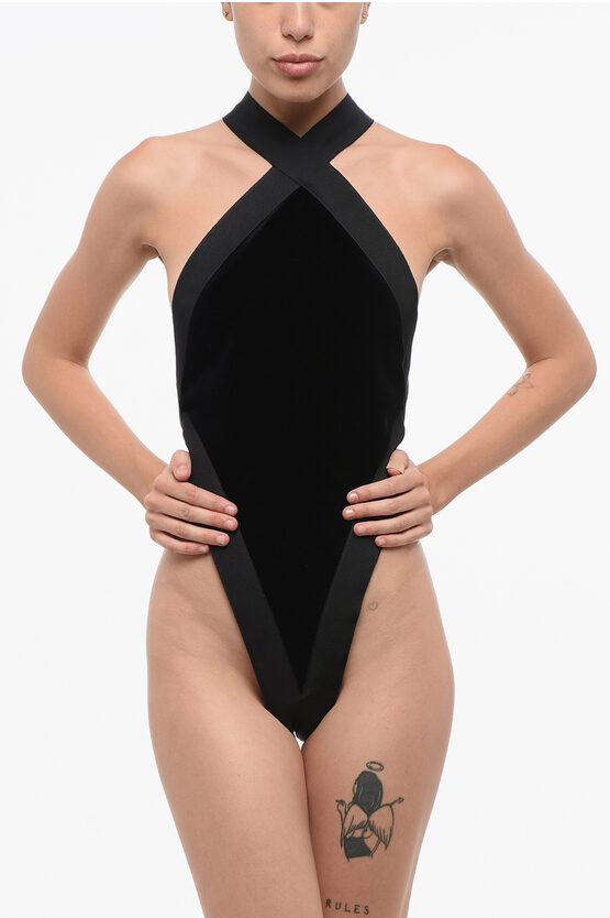 Saint Laurent Velvet Openback Bodysuit With Crossed Shoulders In Black