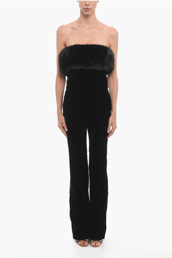 Shop Saint Laurent Velvet Sleeveless Jumpsuit With Faux-fur Detail
