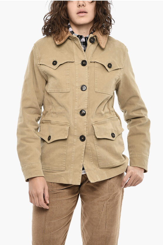 Woolrich Velvet Utility Jacket With Corduroy Neck In Brown