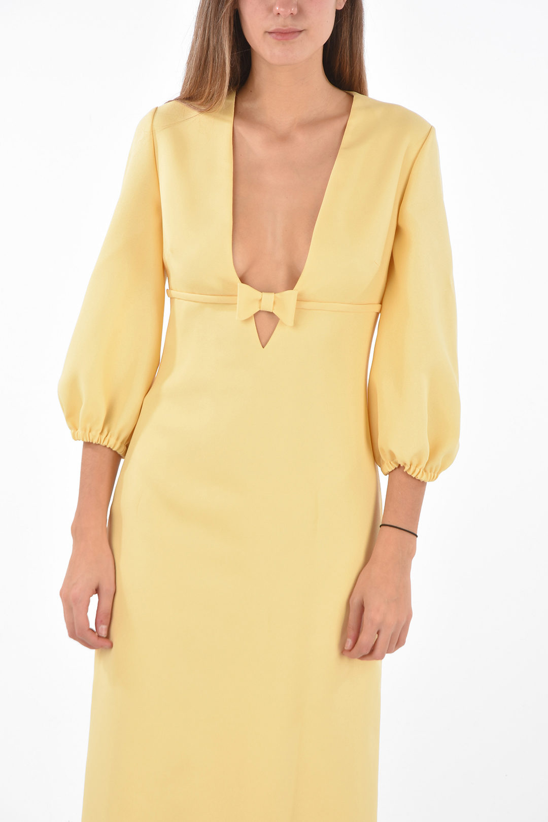 Vestito Maxi con Maniche 3/4 e Scollo a V con Fiocco