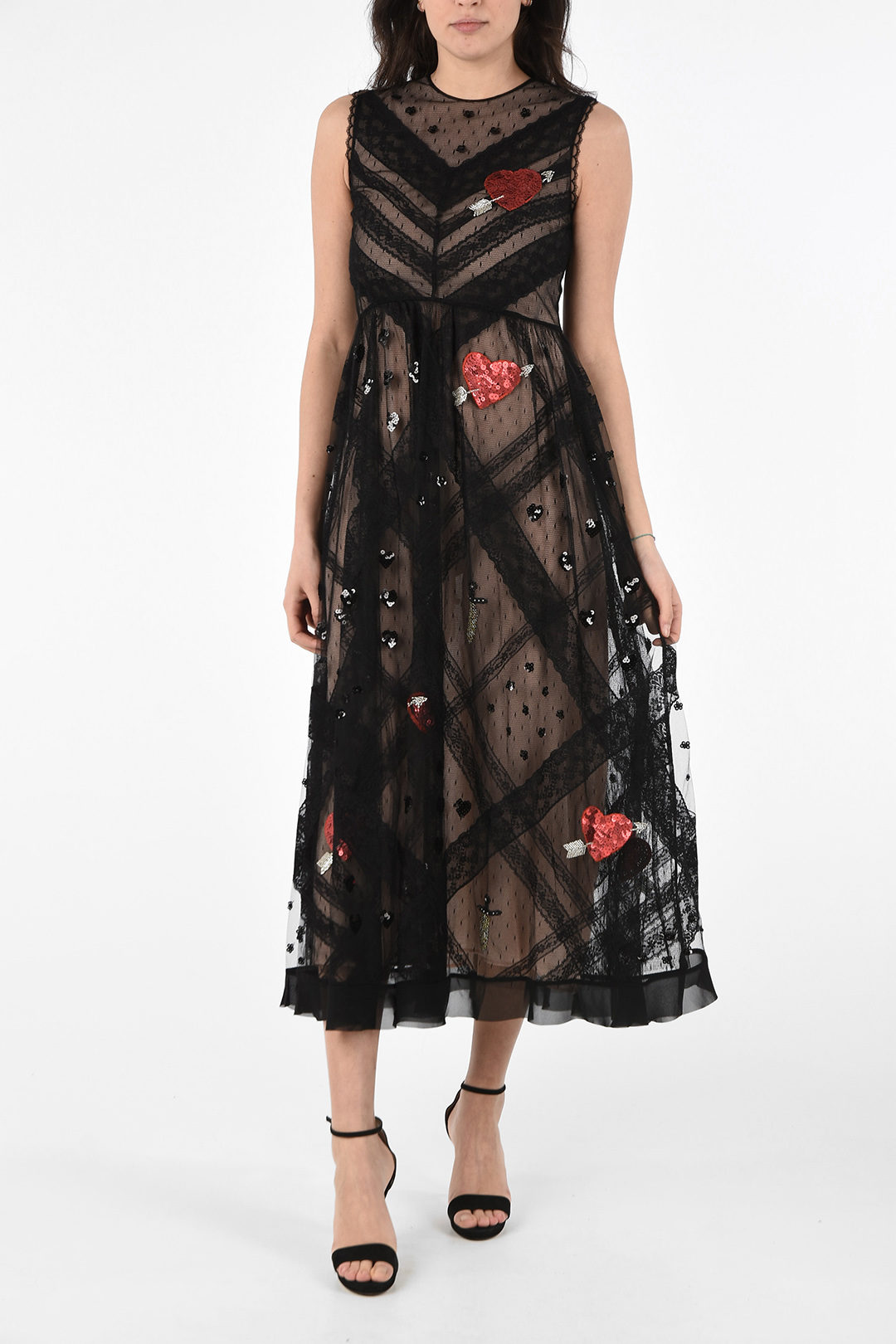 Red Valentino Vestito Smanicato in Tulle e Pizzo con Ricami