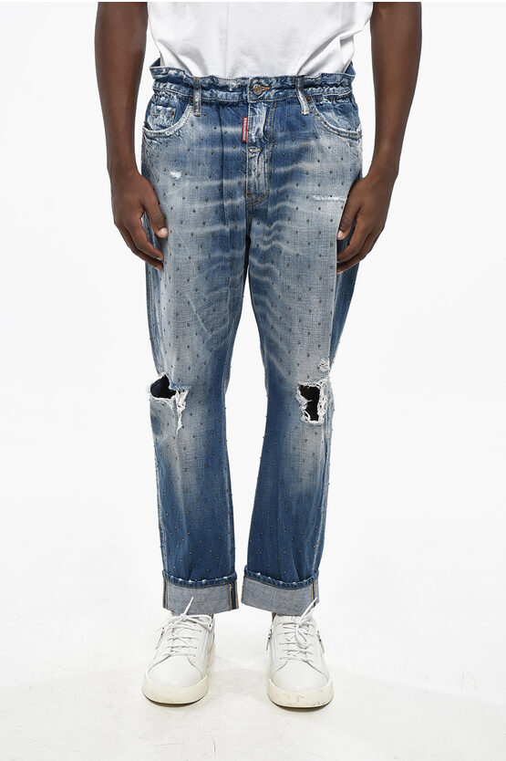 Dsquared2 Vintage Effect Big Brother Jeans With All-over Studs 18cm In Blue