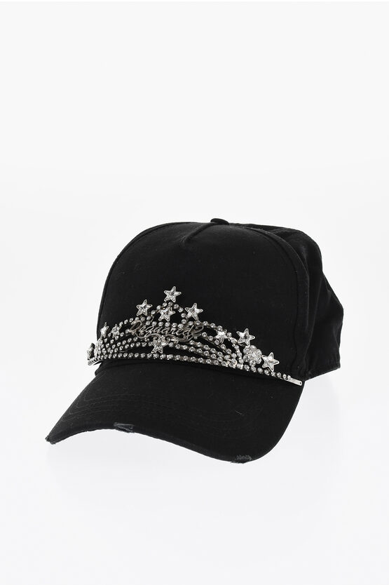 Dsquared2 Vintage Effect Cap With Frontal Maxi Jewels In Black
