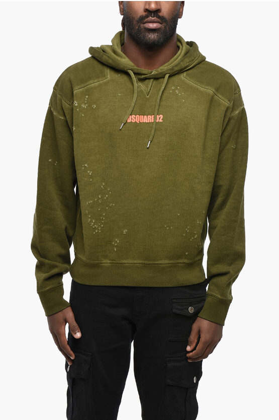 Dsquared2 Vintage Effect Cipro Fit Hoodie With Printed Logo In Green