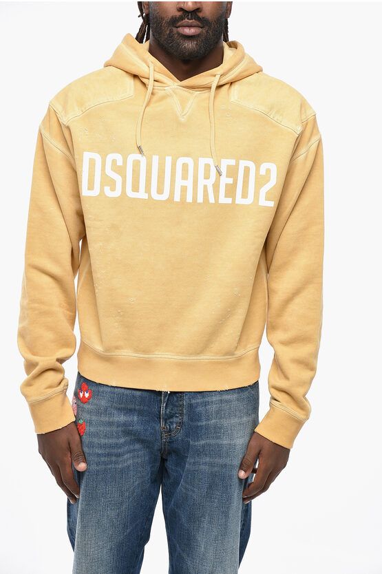 Dsquared2 Vintage Effect Cipro Fit Hoodie With Printed Logo In Yellow