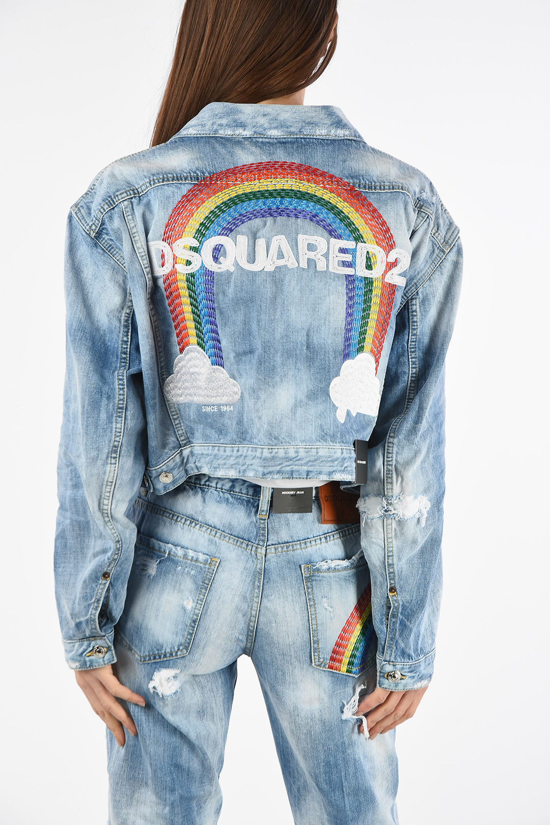 Vintage Effect Crop MAXI Denim Jacket with Back Rainbow Embroidery