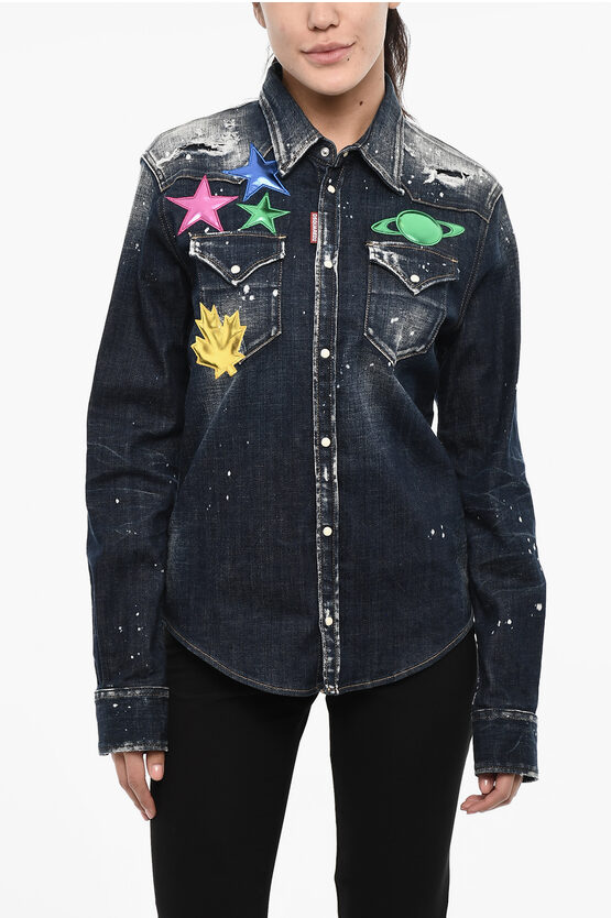 Dsquared2 Vintage Effect Denim Jacket With Metallic Leather Details