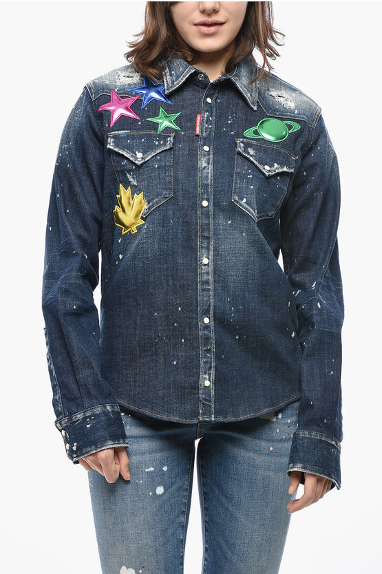 Dsquared2 Vintage Effect Denim Shirt With Metallic Effect Patches In Blue