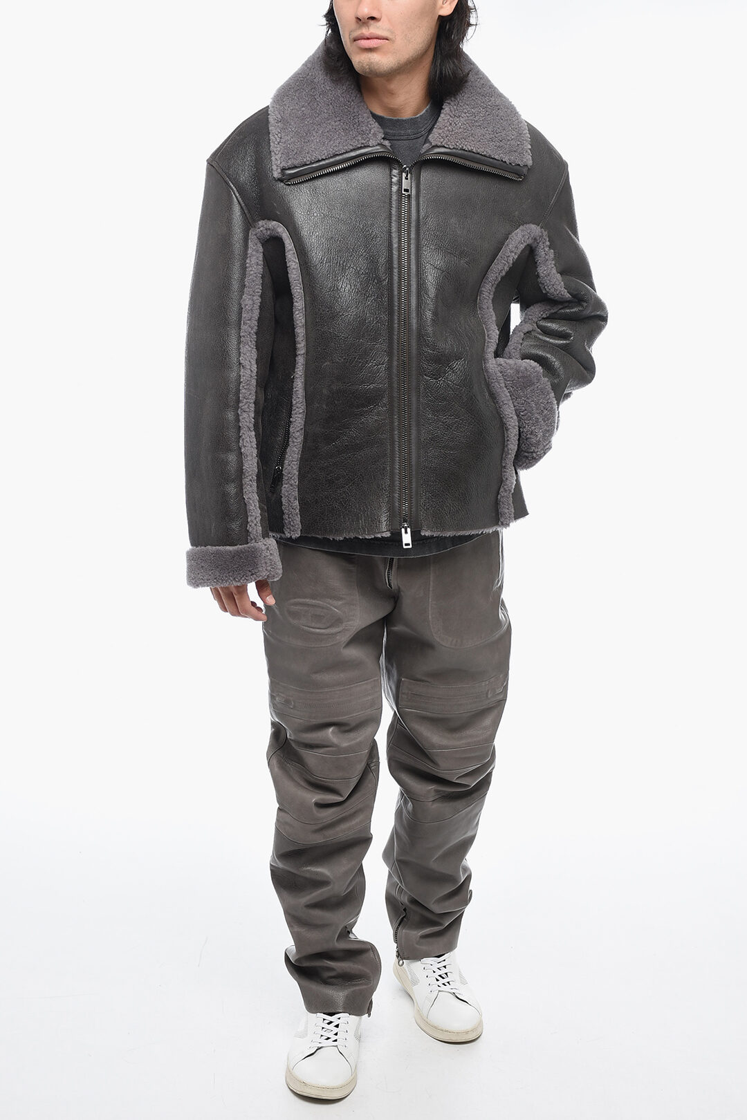 Diesel Vintage Effect Leather L-BROWNY Oversized Jacket with Fur