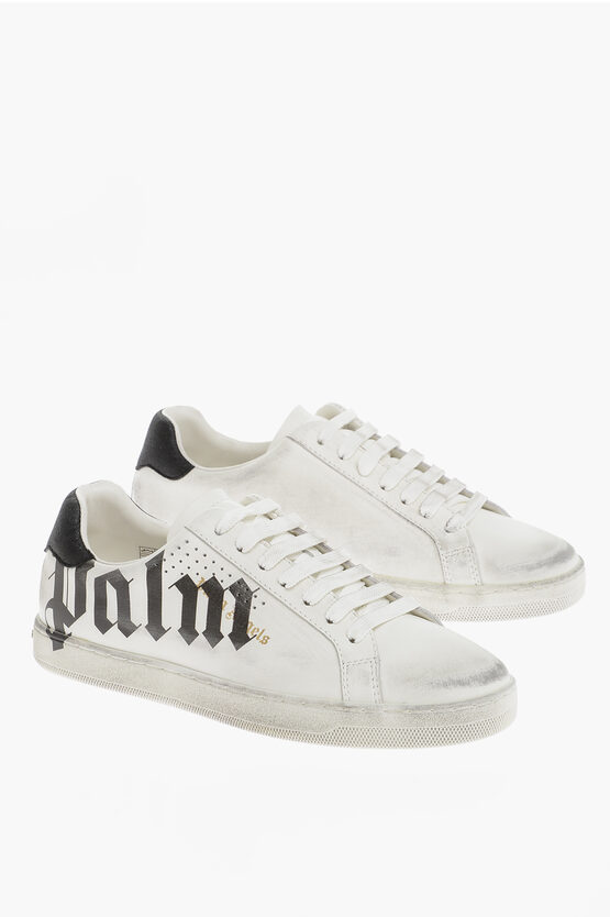 Palm Angels Vintage Effect Leather Sprayprint Low-top Trainers In White