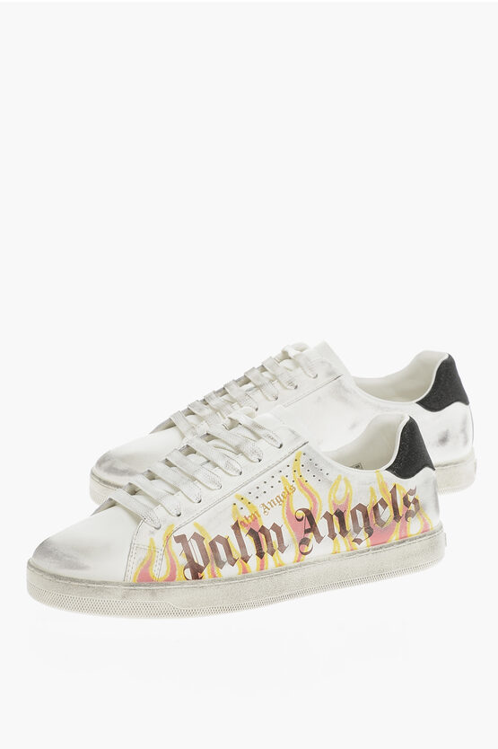 Palm Angels Vintage Effect Leather Sprayprint Low-top Sneakers In White