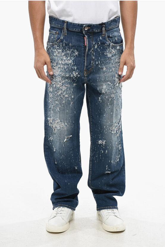 Dsquared2 Vintage Effect Loose Jeans With Leather Patch 22cm In Blue