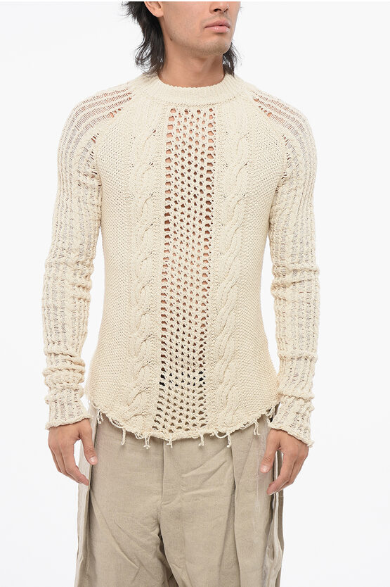 Balmain Vintage Effect Perforated Cable-knit Sweater In White