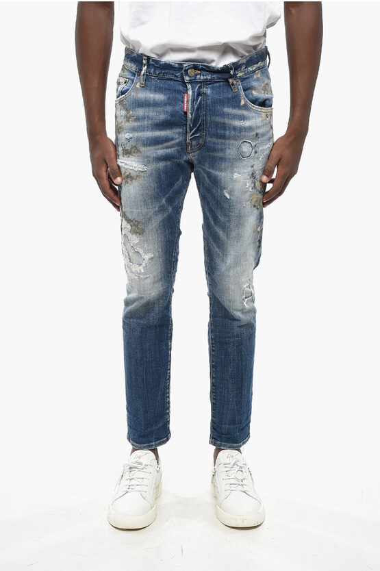 Dsquared2 Vintage Effect Skater Jeans With Distressed Details And Deco In Blue