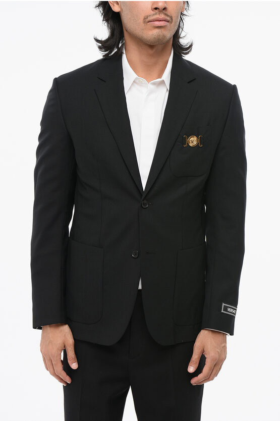 Versace Virgin Wool 2-button Blazer With Golden Medusa Detail In Black