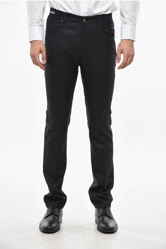 Corneliani Virgin Wool And Cashmere 5-pocket Pants With Silver-tone But In Black
