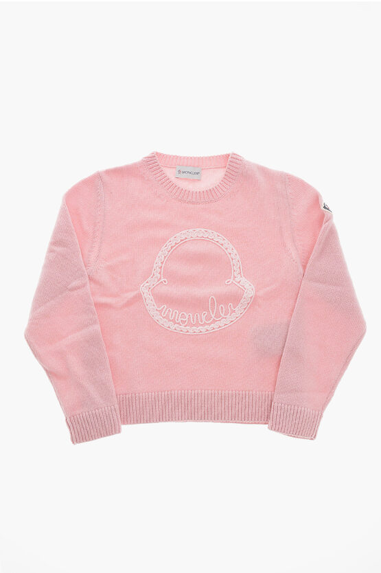 Moncler Virgin Wool And Cashmere Crew-neck Sweater With Embroidered In Pink