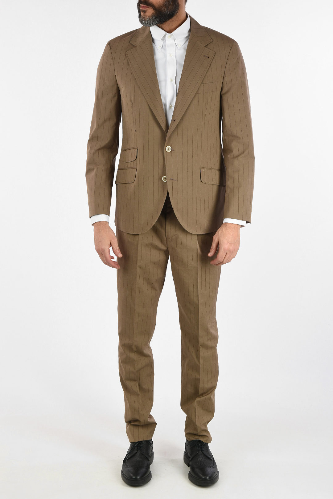 Brunello Cucinelli Virgin Wool and Cotton Pencil Striped 2-Button Suit ...