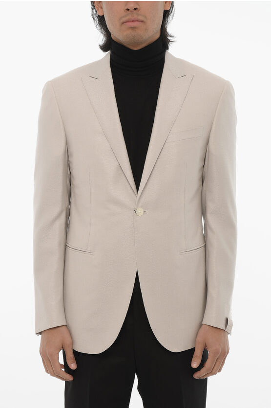 Corneliani Virgin Wool And Silk 1-button Blazer With Peak Lapel In Neutral