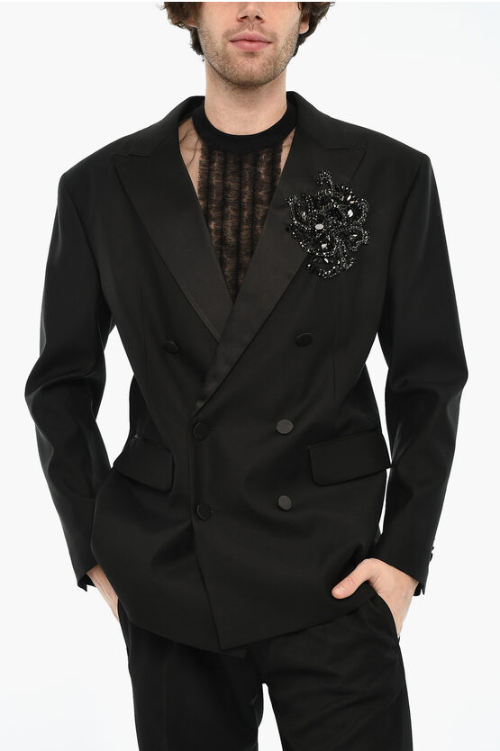 Dsquared2 Virgin Wool And Silk Blazer With Jewels Grösse 54 In Black