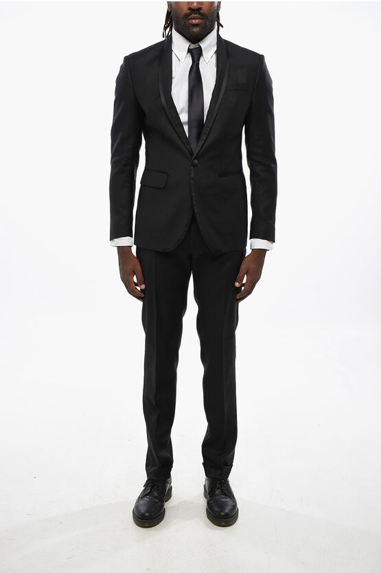 Dsquared2 Virgin Wool And Silk Center Vent Collarless 1-button Suit In Black