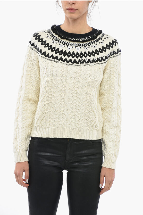 Valentino Virgin Wool Aran Crew-neck Sweater With Sequin Embellished In Neutral