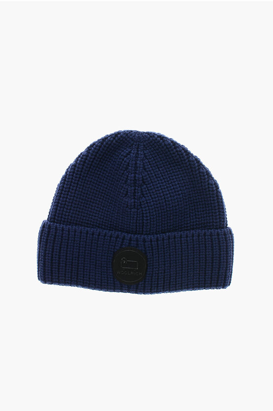 Woolrich Virgin Wool Beanie With Front Logo Patch In Blue
