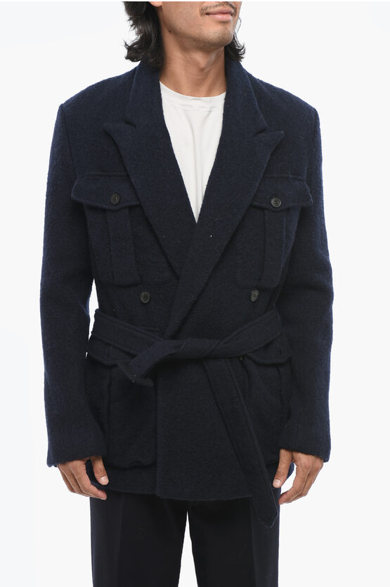 Dries Van Noten Virgin Wool Bishon Double-breasted Peacoat With Belt In Blue