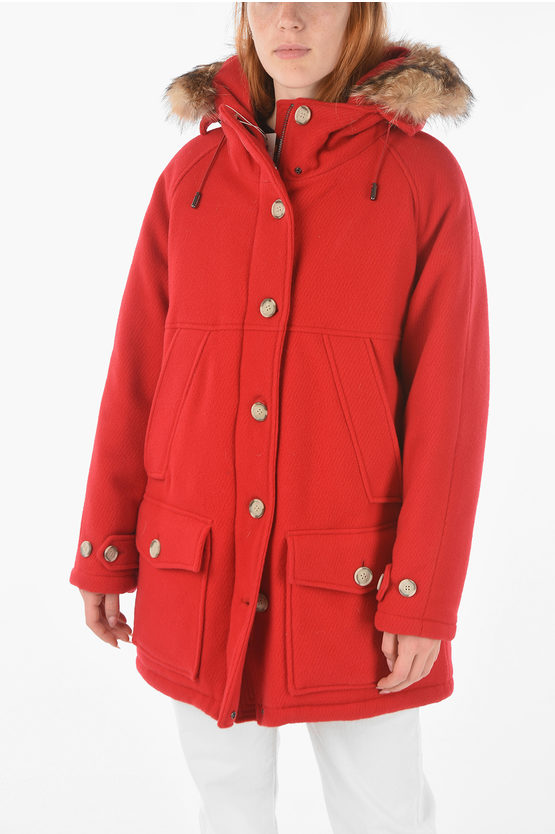 WOOLRICH VIRGIN WOOL BLEND TUNDRA DOWN JACKET WITH REAL FUR DETAIL