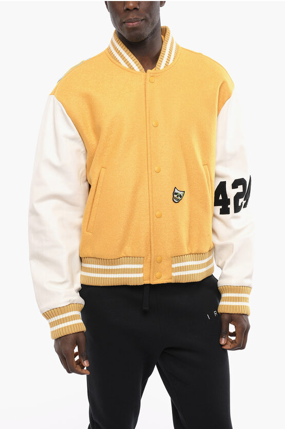 424 Virgin Wool Bomber Jacket With Leather Sleeves In Yellow