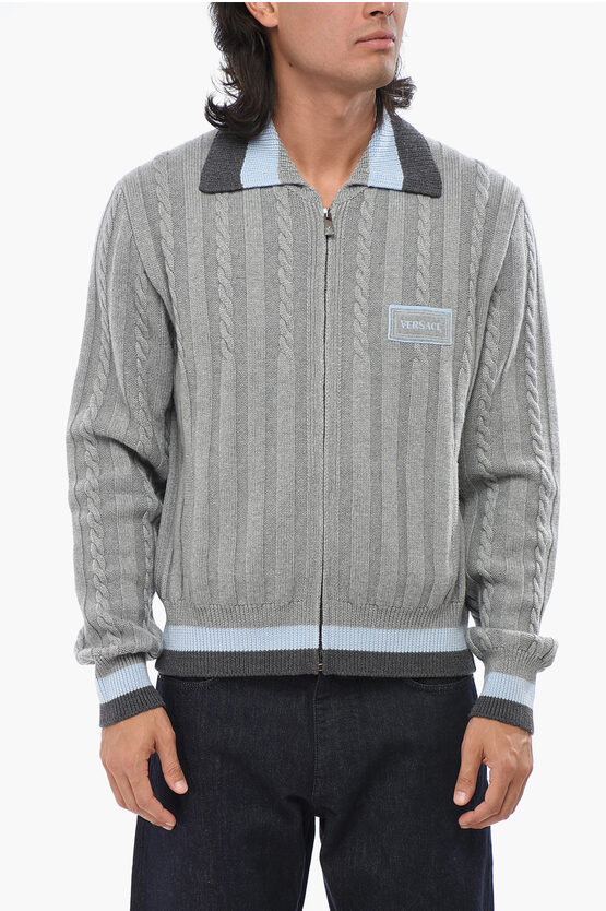 Versace Virgin Wool Cable Knit Cardigan With Zip Closure In Gray
