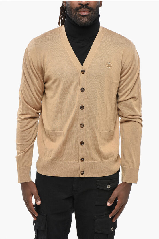 Dsquared2 Virgin Wool Cardigan With Embossed Monogram In Nude