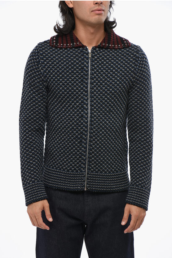 Valentino Virgin Wool Cardigan With Zip Closure And Studs On The Colla In Black