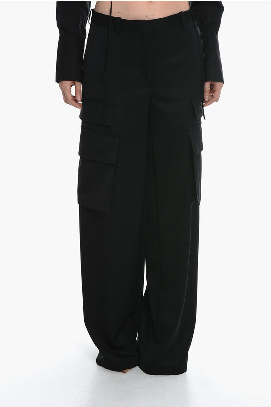 Versace Virgin Wool Cargo Trousers With Palazzo Design In Black
