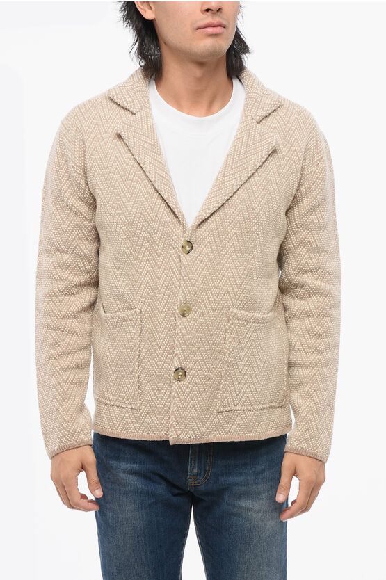 Altea Virgin Wool Chevron Cardigan With Patch Pockets In Neutral