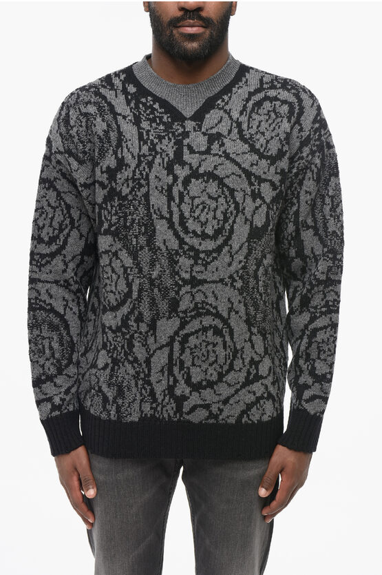 Versace Virgin Wool Crew Neck Pullover With Barocco Pattern