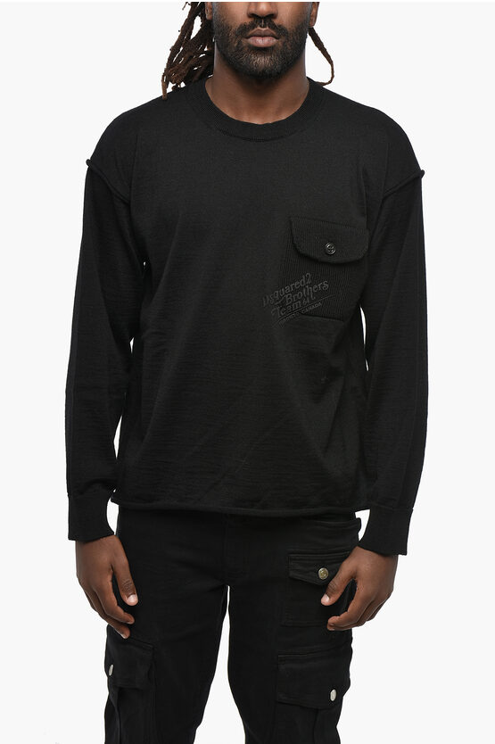 Dsquared2 Virgin Wool Crew-neck Sweater With Breast Pocket In Black