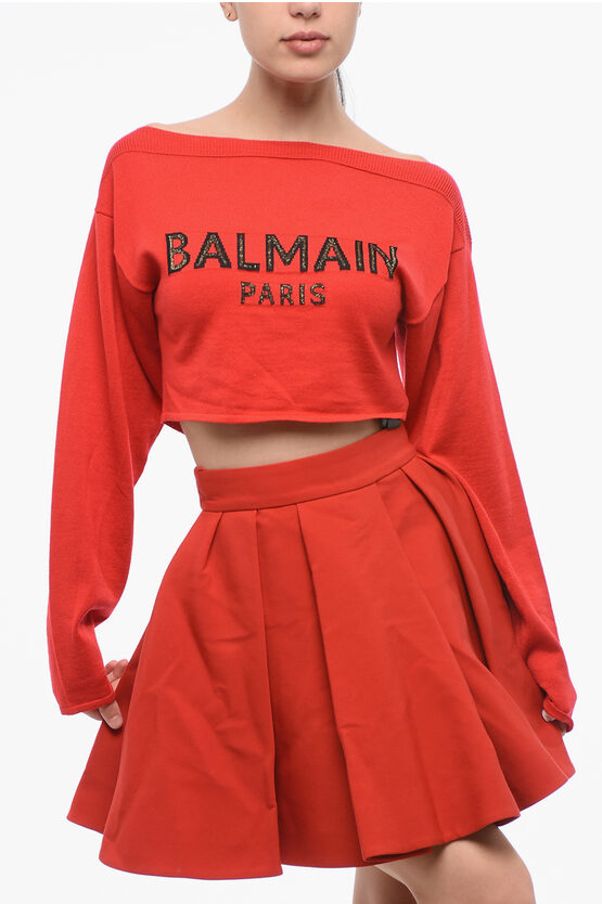 Balmain Virgin Wool Cropped Sweater With Boat Neckline In Red