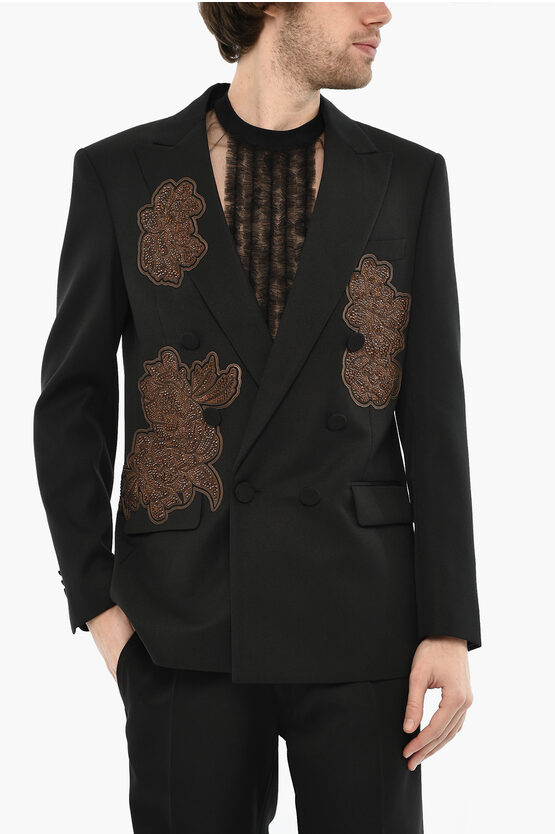 Dsquared2 Virgin Wool Double Breast Blazer With Sequined Grösse 52 In Black