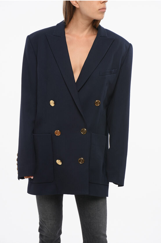 Balmain Virgin Wool Double-breasted Blazer With Logoed Buttons In Blue