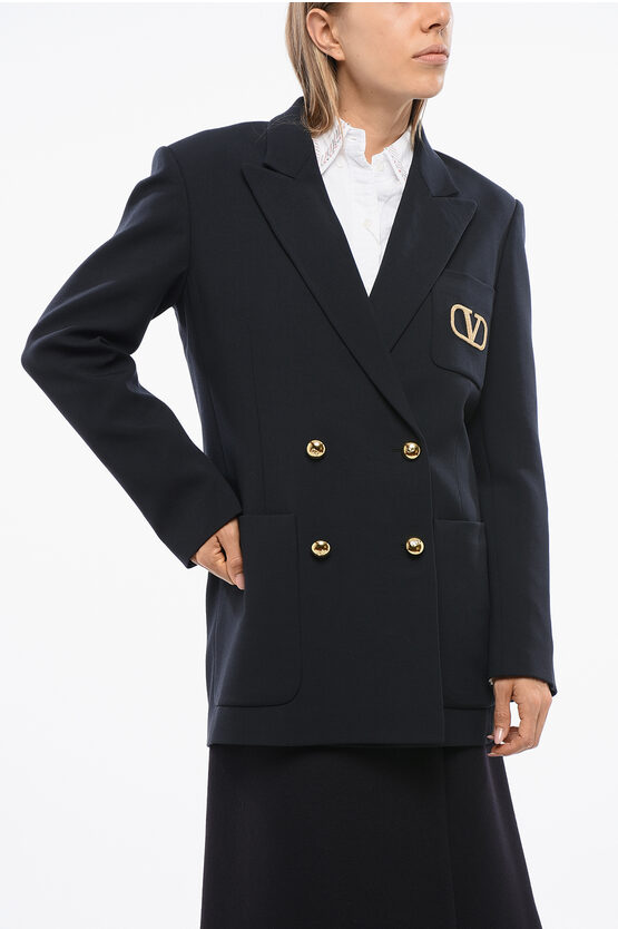 Valentino Virgin Wool Double Breasted Blazer With Metallic Monogram