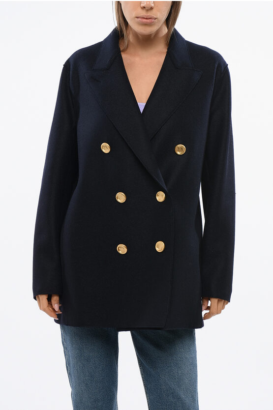 Harris Wharf Virgin Wool Double Breasted Coat With Golden Effect Buttons In Blue