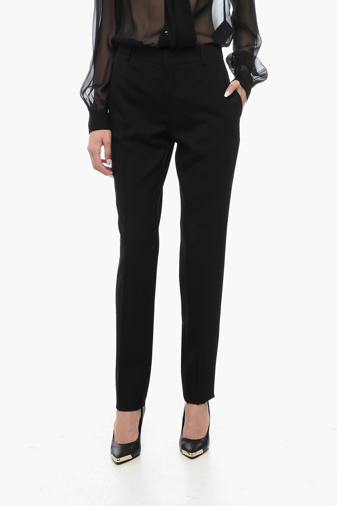 パンツ Saint Laurent Black Slim High Waisted Pants in Wool Woman NWT Saint Laurent YSL Black Gabardine Wool Skinny Pants