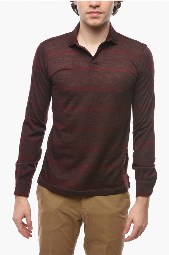 Corneliani Virgin Wool Long-sleeved Polo Shirt With Striped Pattern In Brown