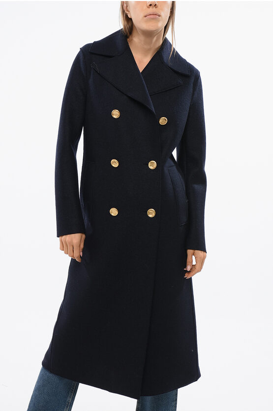 Harris Wharf Virgin Wool Military Double Breasted Coat With Golden-effect In Blue