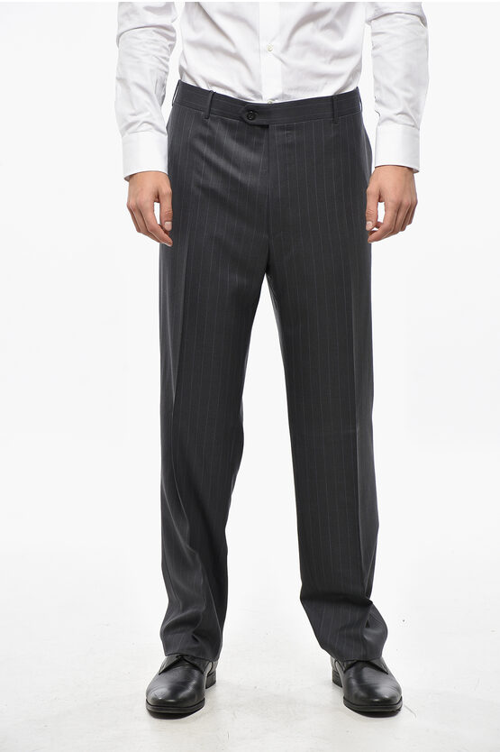 Corneliani Virgin Wool Pants With Pinstriped Motif In Black
