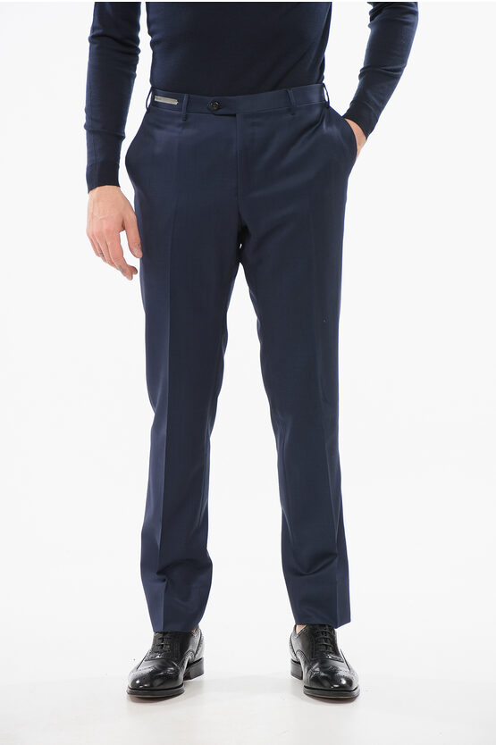 Corneliani Virgin Wool Pleated Pants In Blue