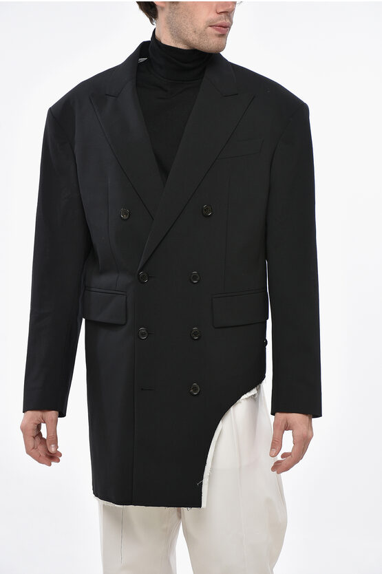 Dsquared2 Virgin Wool Raw Cut Peak Lapel Double-breasted Blazer In Black